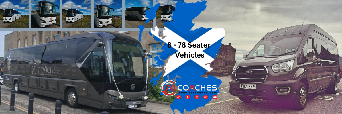 Coach Hire in Fife Scotland, photo of minibus and coach with scotland map